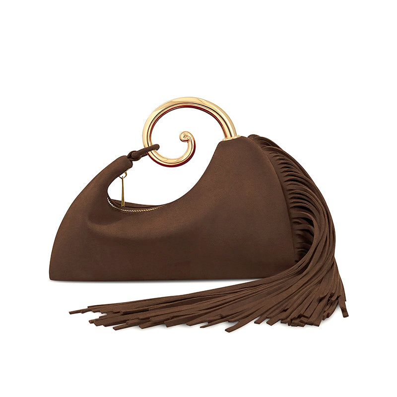 Vintage Fringe Crescent Handbag – Boho Faux Suede Shoulder Bag
