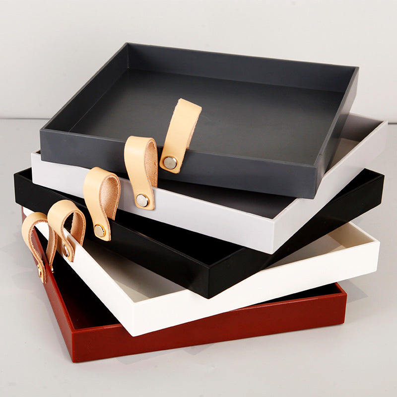 Creative Square PU Leather Carry Handle Tray Living Room Entrance Cosmetics Miscellaneous Small Objects Desktop Storage Tray Storage Tray