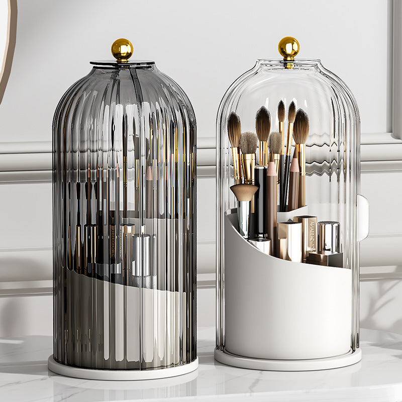 360° Rotating Makeup Brush Holder with Dustproof Cover – Cosmetic Organizer