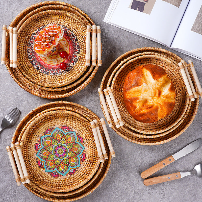 Vietnamese rattan tray rattan storage basket double ear bread fruit snack picnic tray desktop decoration