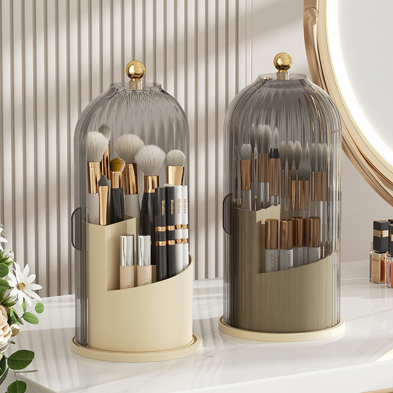 360° Rotating Makeup Brush Holder with Dustproof Cover – Cosmetic Organizer