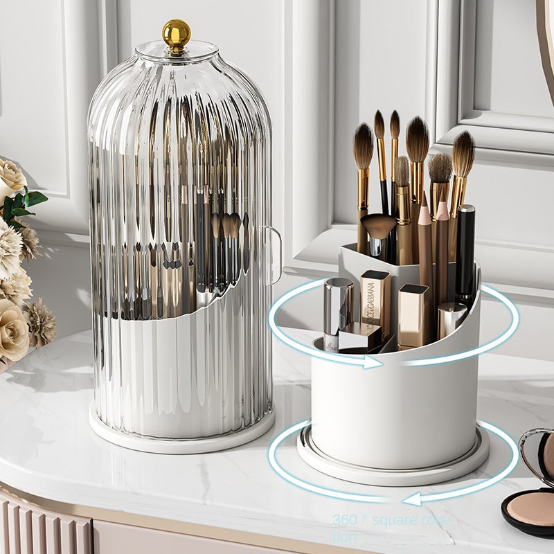 360° Rotating Makeup Brush Holder with Dustproof Cover – Cosmetic Organizer