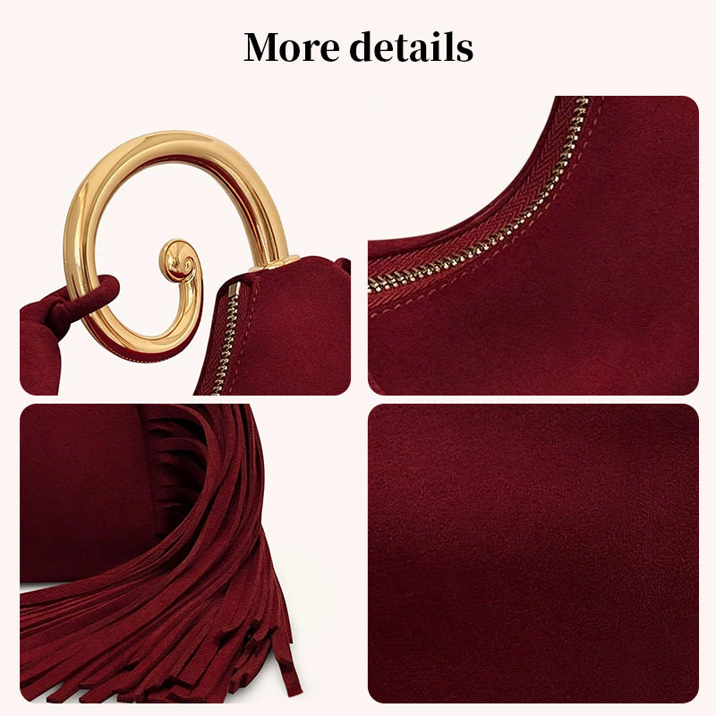 Vintage Fringe Crescent Handbag – Boho Faux Suede Shoulder Bag