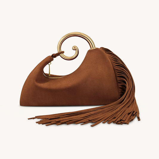 Vintage Fringe Crescent Handbag – Boho Faux Suede Shoulder Bag